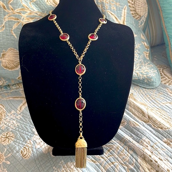 Chico's Jewelry - Chicos red faceted cabochons with heavy round flat linked gold chain and tassel